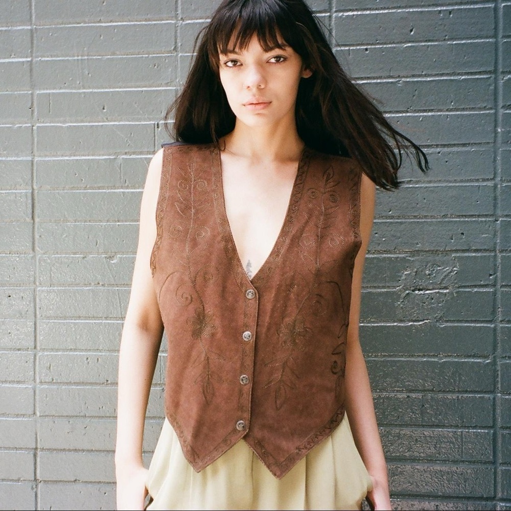 Brown Suede Vest with Embroidered Details